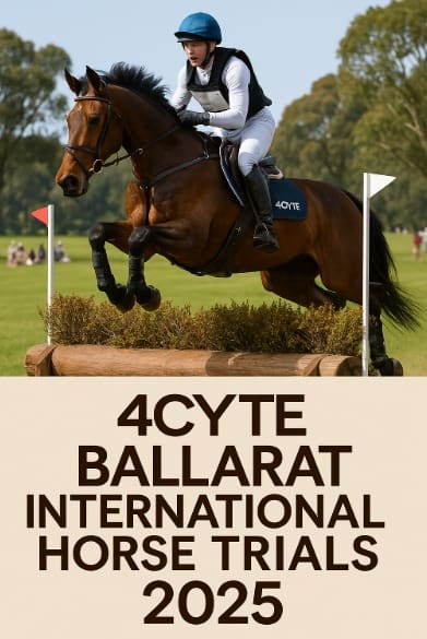 A dynamic equestrian scene featuring a rider and horse mid-jump over a cross-country obstacle at the 4CYTE Ballarat International Horse Trials, set against a lush green landscape.