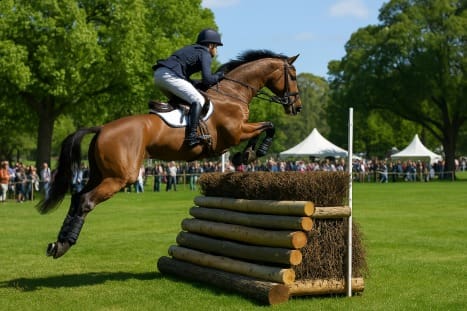A skilled equestrian rider and their bay horse mid-jump over a cross-country obstacle in a park setting, surrounded by lush greenery and a crowd of spectators.