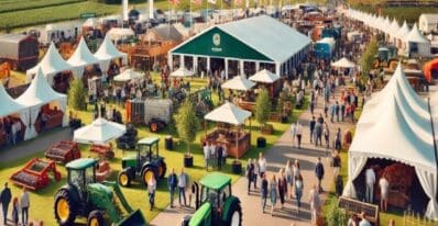 A bustling outdoor farming expo with large tents, crowds exploring stalls, and displays of farm equipment, livestock, and gardening tools under a sunny sky.