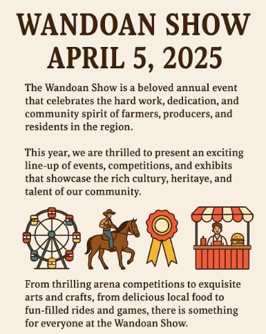 A colorful promotional poster for the Wandoan Show 2025, featuring bold brown lettering, charming illustrations of farm life, and highlights of the eventโs activities and competitions.